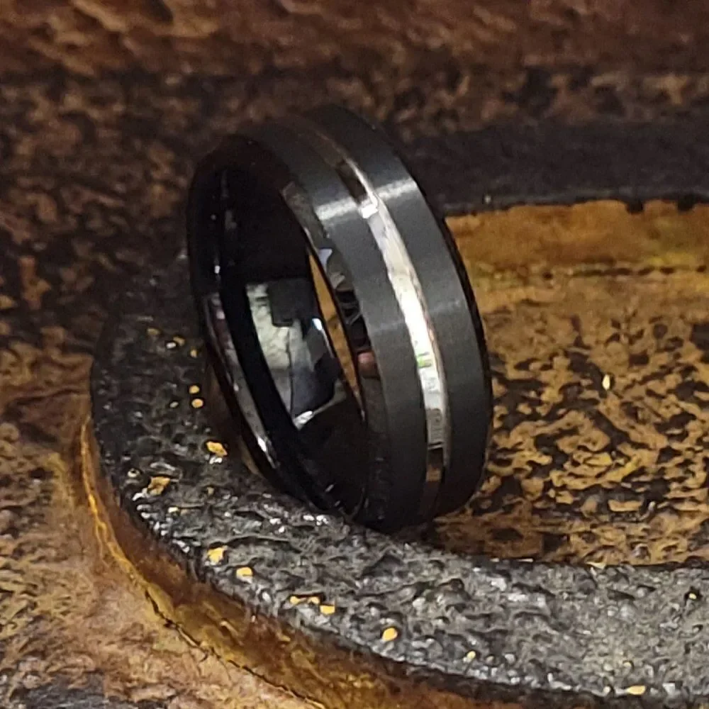 Men's Real Black Tungsten Wedding Ring With A Silver Filled Center Groove